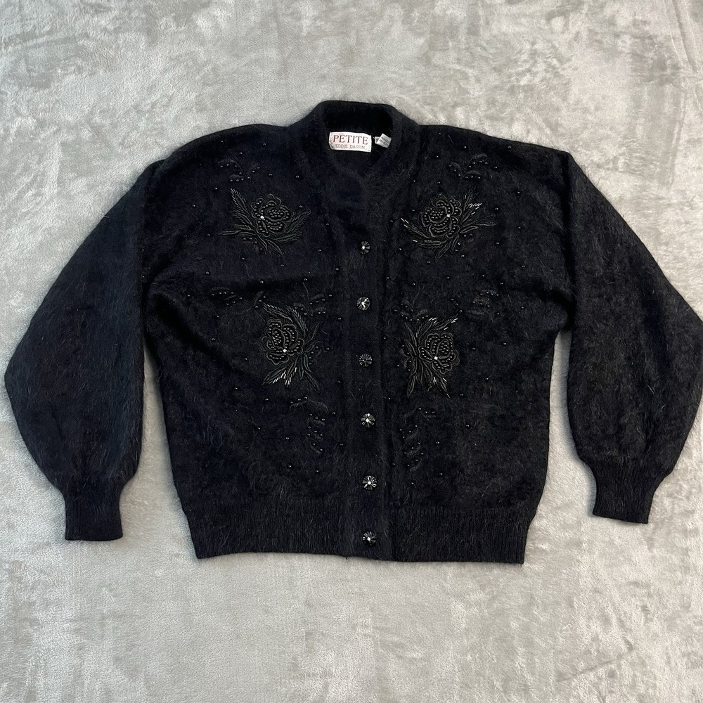 Petite Eddie Dassin Angora Blend Cardigan Beaded Floral Black Sweater Large